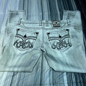 Rock Revival Light Grey Slim Straight Jeans with Embroidered Flame Pockets